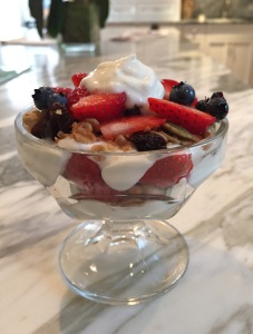 Yogurt parfait with granola and berries.