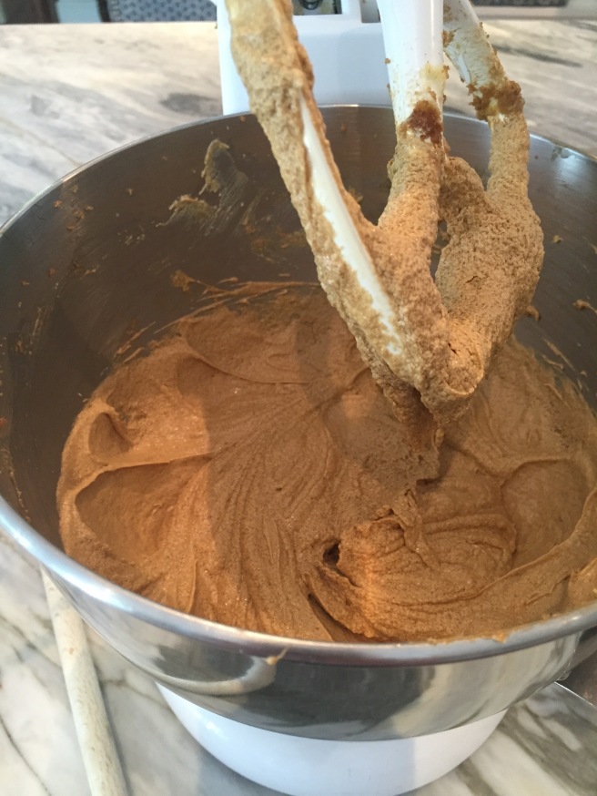 Butter, sugar, molasses, and egg mixture is light.