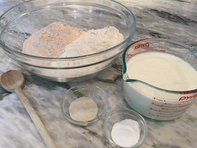 Whole-wheat flour, all purpose flour, salt, baking soda, and buttermilk